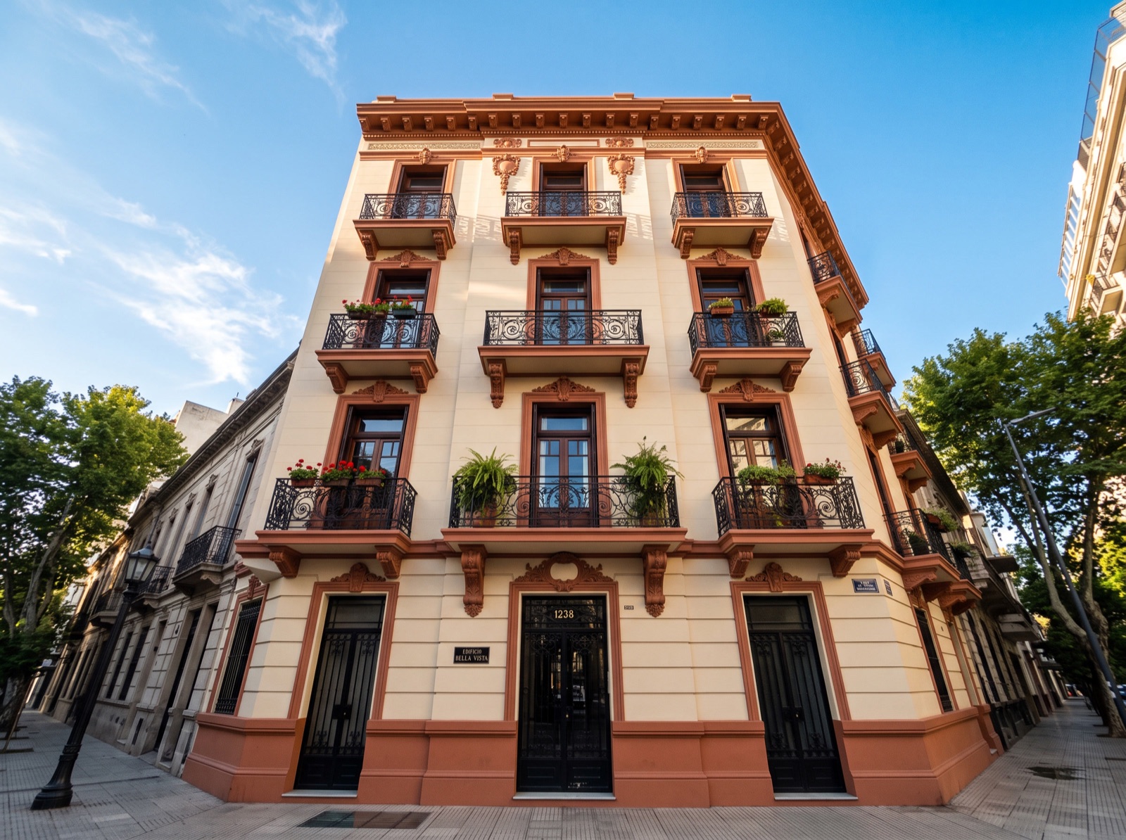 Fachada de edificio restaurada y pintada, balcones recuperados
